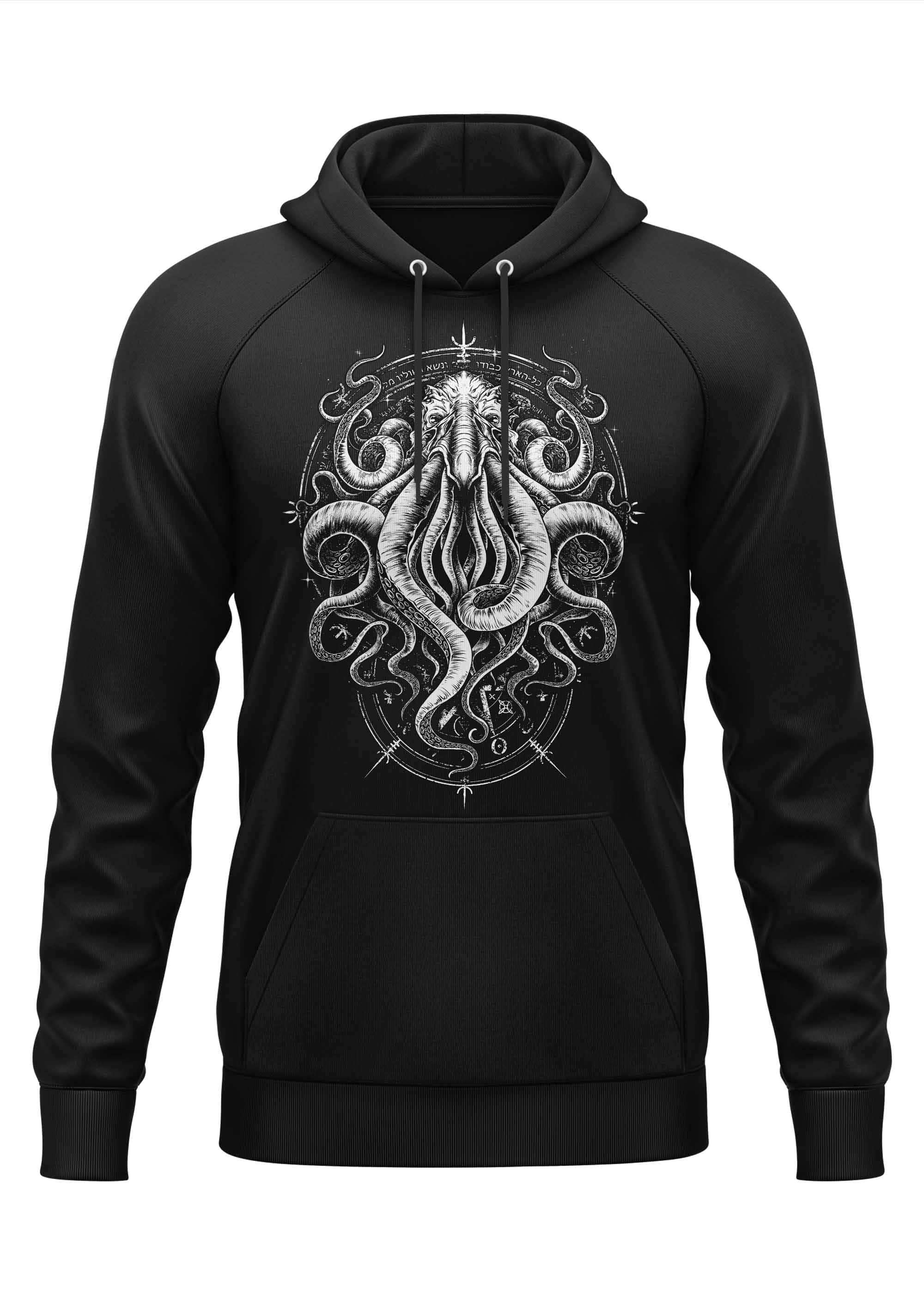 Black hoodie mit detaillierter weißer cthulhu-grafik und gotischen horror-symbolen für gothic-fans